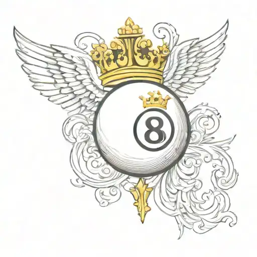 Detailed 8 billiard ball with a gold crown on top and white wings on the back tattoo design idea