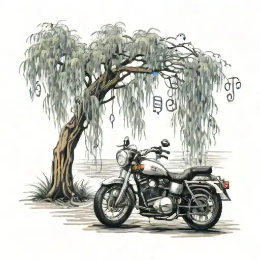 A weeping willow tree with musical notes floating in the wind and a motorcycle parked underneath tattoo design idea