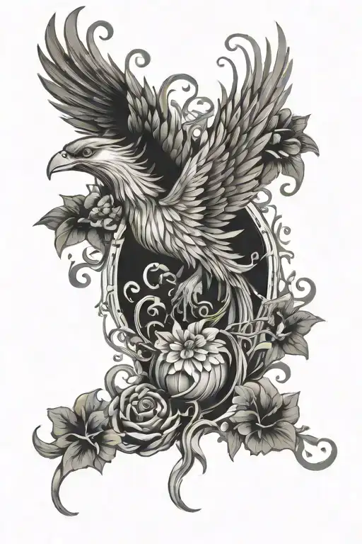 A phoenix rising from a bed of mushrooms surrounded by swirling vines and peaches tattoo design idea
