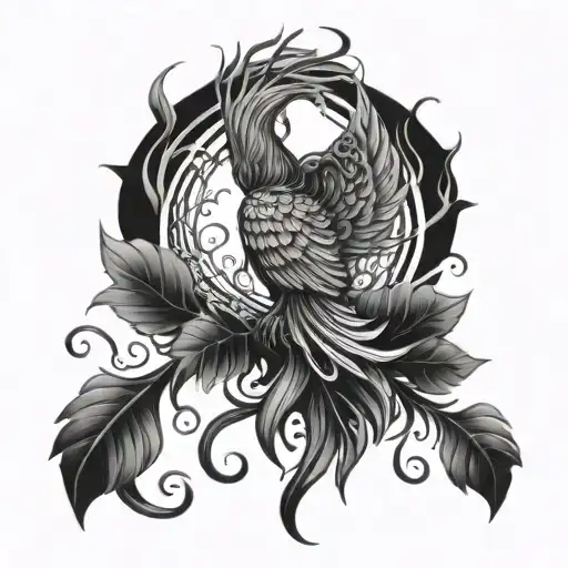 A phoenix rising from a bed of mushrooms surrounded by swirling vines and skulls tattoo design idea