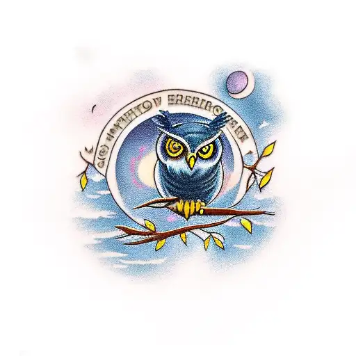 Owl perched on a tree branch with the northern lights as its backdrop tattoo design idea