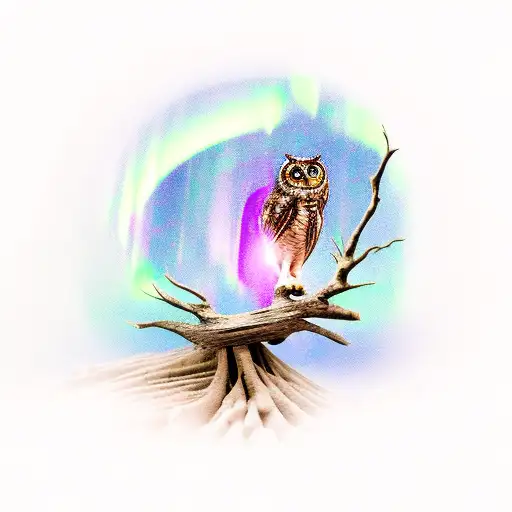 Owl perched on a tree branch with the northern lights as its backdrop tattoo design idea