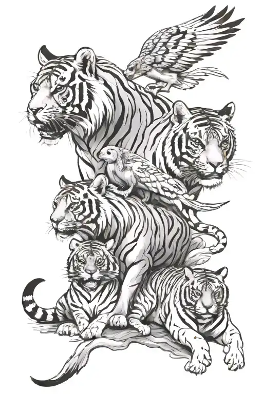 Chinese Zodiac 2 adult phonex birds with a tiger and dog as children in a family tattoo design idea