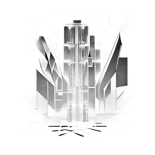 A futuristic cityscape with musical notes flowing through the skyscrapers tattoo design idea