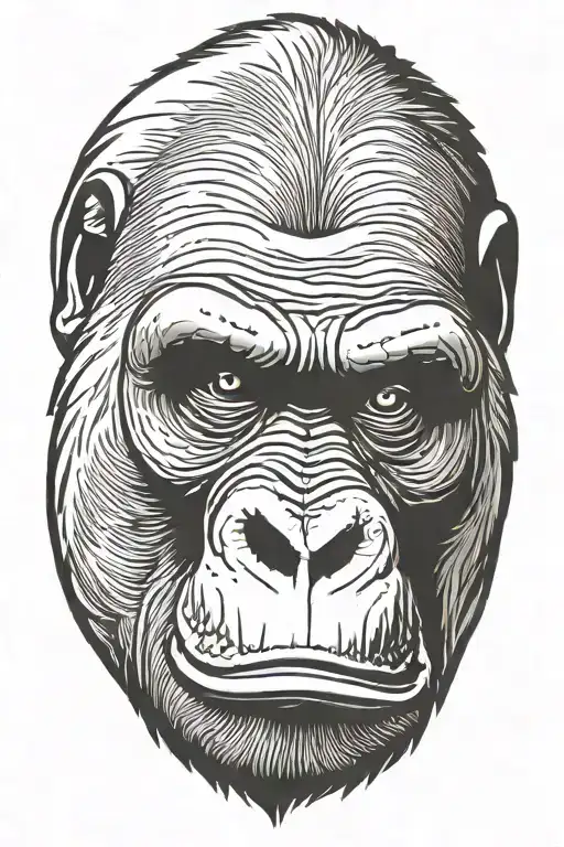  face of raging gorilla with mouth fully open and gazing straight. thin lines. black and grey. tribal style tattoo design idea