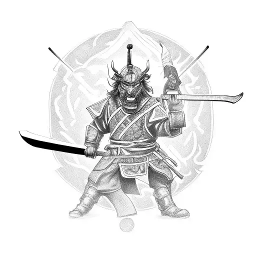 sword going down the middle, a samurai on the left side looking left, and a dragon on the right side looking right tattoo design idea