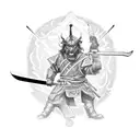 sword going down the middle, a samurai on the left side looking left, and a dragon on the right side looking right tattoo design idea