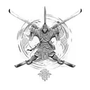 sword going down the middle, a samurai on the left side looking left, and a dragon on the right side looking right tattoo design idea
