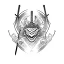 sword going down the middle, a samurai on the left side looking left, and a dragon on the right side looking right tattoo design idea