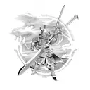 sword going down the middle, a samurai on the left side looking left, and a dragon on the right side looking right tattoo design idea