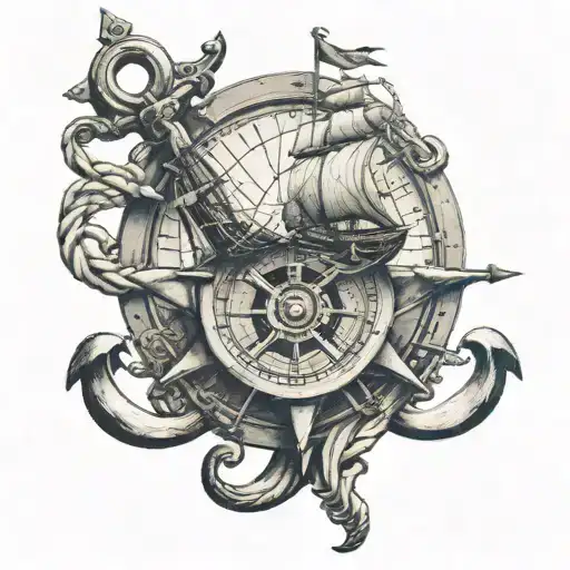 sailing ship in a compass with an anchor intertwined tattoo design idea
