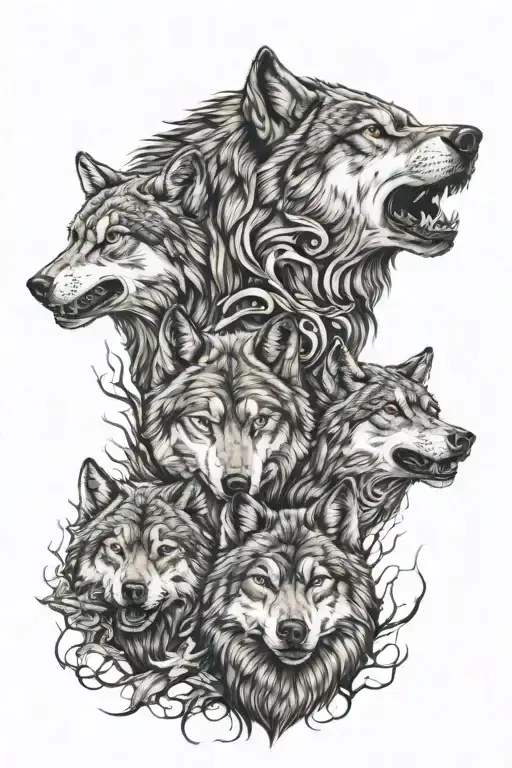 a wounded wolf who protects his two children. tattoo design idea