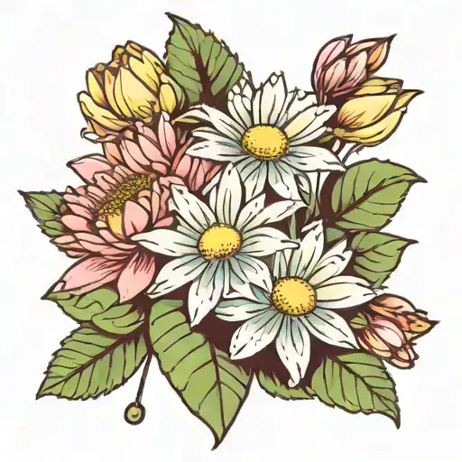 daisy, water lily, daisy bouquet tattoo design idea