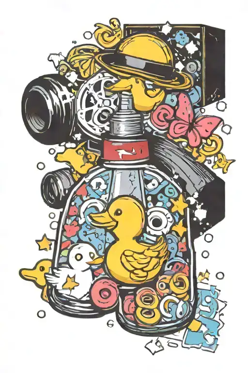 film strip with a rubber duck, old coke bottle, donut, and bowling ball. with puzzle piece butterflies in blank space. tattoo design idea