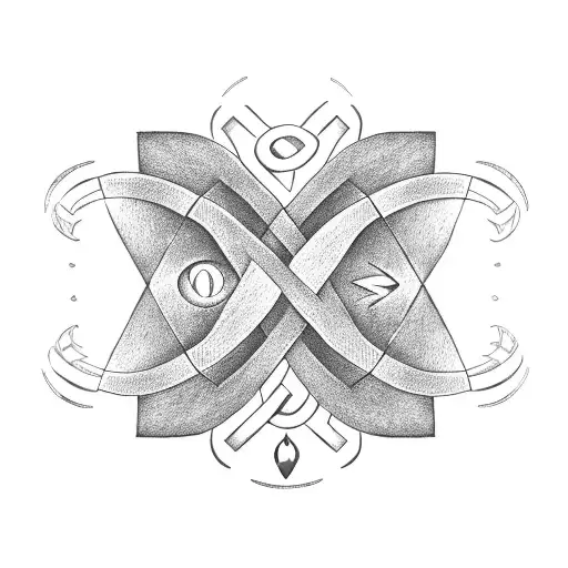 a tribal like infinity sign with a heart hanging off it with the names, Logan, Tyler, John, and Patrick in the design tattoo design idea