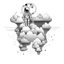 An astronaut exploring a surreal landscape made of paintbrushes and pencils tattoo design idea