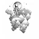 An astronaut exploring a surreal landscape made of paintbrushes and pencils tattoo design idea