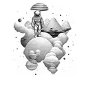 An astronaut exploring a surreal landscape made of paintbrushes and pencils tattoo design idea