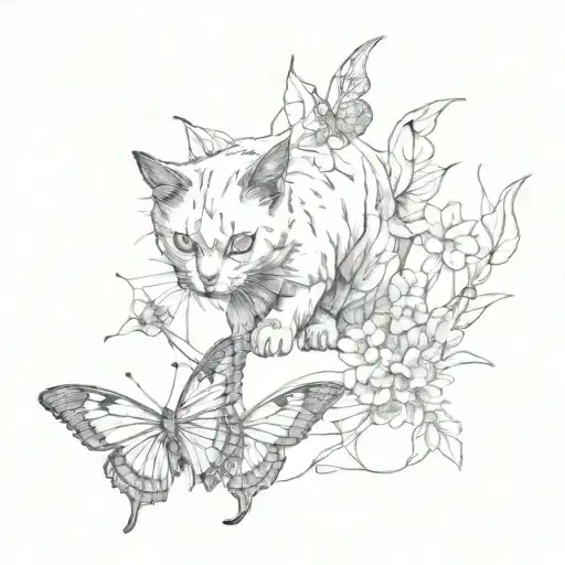 cat hunting a butterfly tattoo design idea