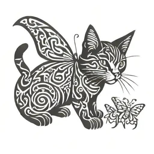 cat hunting a butterfly tattoo design idea