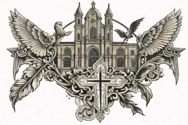 Catholic cathedral surrounded by dark tattoo design idea