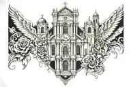 Catholic cathedral surrounded by dark tattoo design idea