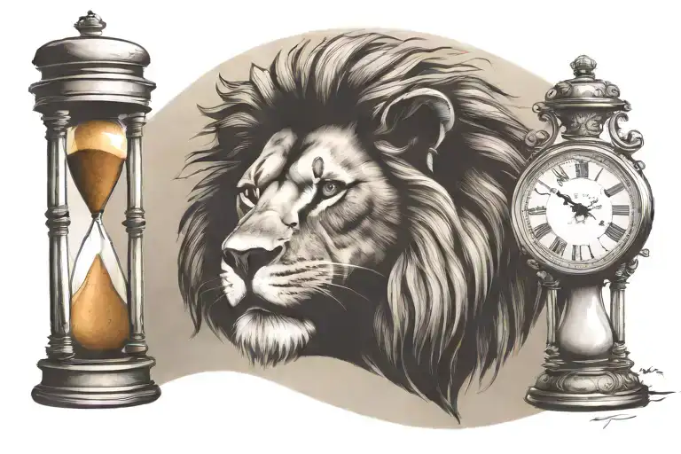 lion and hour glass with sand tattoo design idea