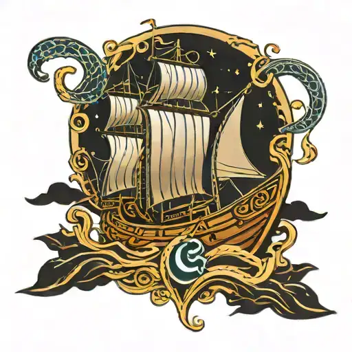 viking ship sailing with viking heads around it luminous points tattoo design idea