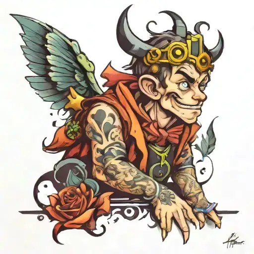 he is a goofy loving active smart kid behind him a beautiful creative background he created tattoo design idea