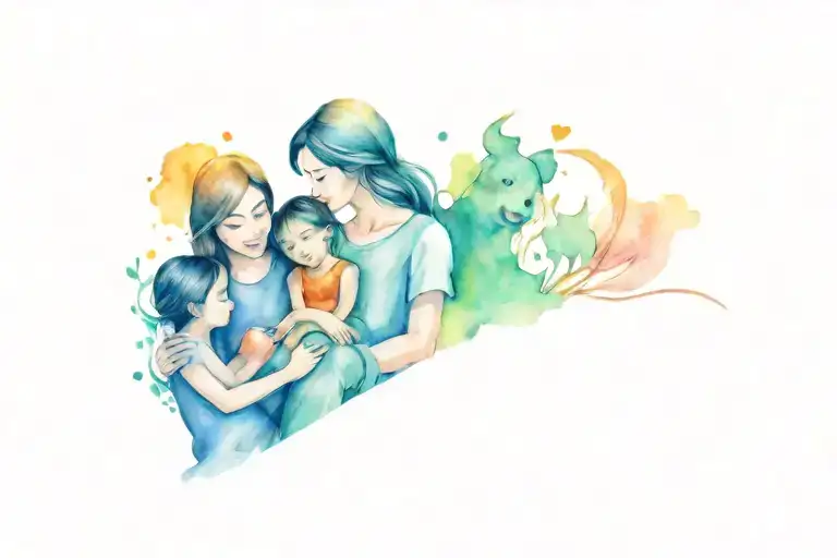 A tattoo design of a mother and 3 children enjoying quality time together, surrounded by symbols of love and family tattoo design idea
