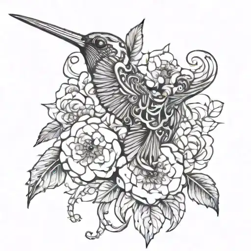 black and white humming bird skeleton with floral edges  tattoo design idea