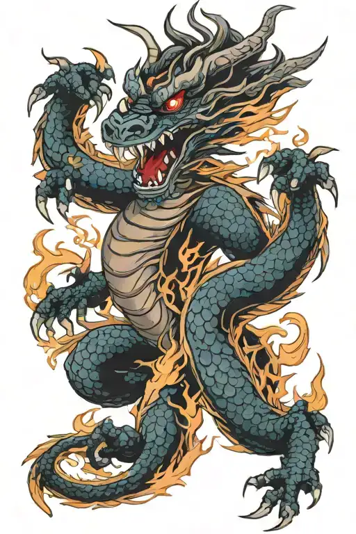 Asian dragon with fire flames tattoo design idea