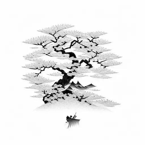 A serene Japanese landscape with a cherry blossom tree and a samurai wielding a katana tattoo design idea