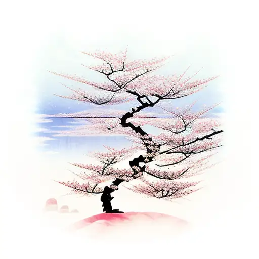 A serene Japanese landscape with a cherry blossom tree and a samurai wielding a katana tattoo design idea