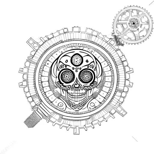 filigree with gears and skull and bio mech tattoo design idea