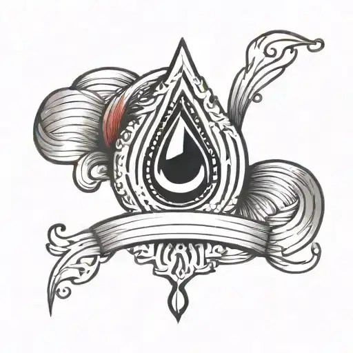 A red band. Two lines meeting in the middle. A tear drop falling from the middle of the two lines.  tattoo design idea