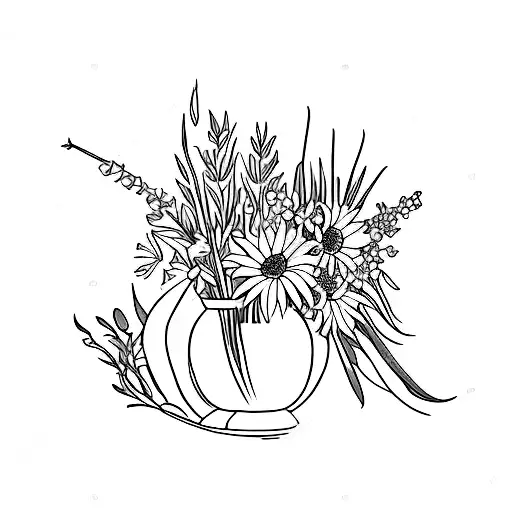 flower bouquet with gladiolas, daisy, lily of the valley, violet  tattoo design idea