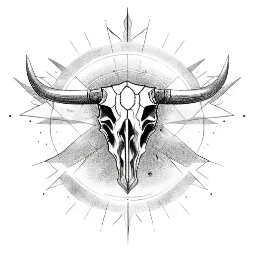bull skull with sun beams and halo behind it tattoo design idea