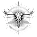 bull skull with sun beams and halo behind it tattoo design idea