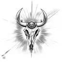 bull skull with sun beams and halo behind it tattoo design idea
