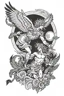 icarus falling angel with feathers and sun, and archangel gabriel tattoo design idea