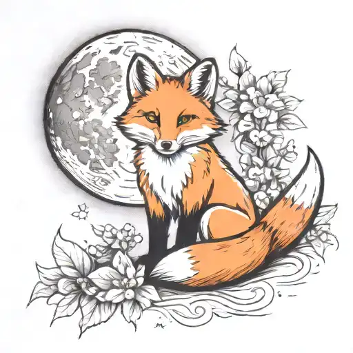 fox sitting near moon with daisies tattoo design idea