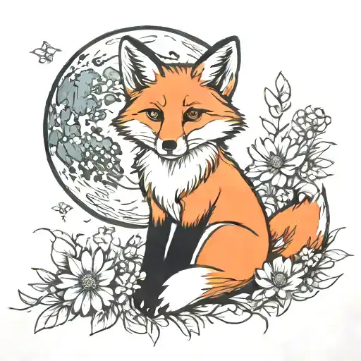 fox sitting near moon with daisies tattoo design idea