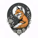 fox sitting forward with moon surrounded by daisys tattoo design idea