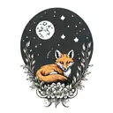 fox sitting forward with moon surrounded by daisys tattoo design idea
