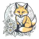 fox sitting near moon with daisies tattoo design idea