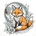 fox sitting near moon with daisies tattoo design idea