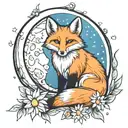 fox sitting near moon with daisies tattoo design idea