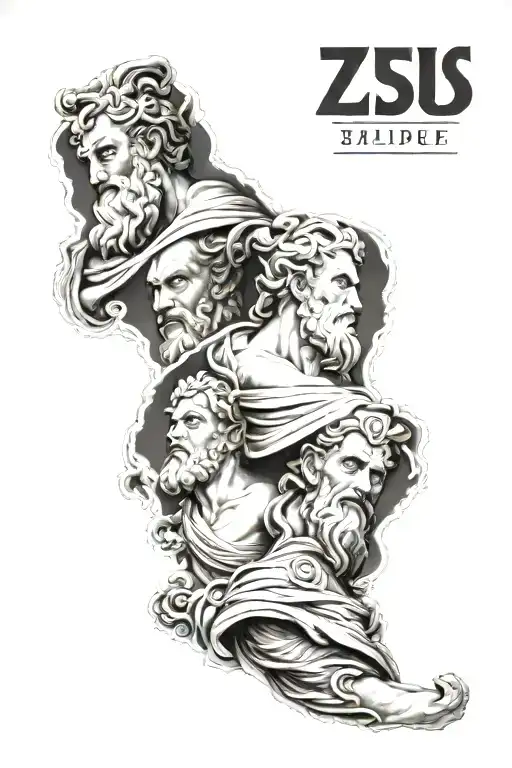 greek style 3/4 leg sleeve design featuring portaits of zeus and hades  tattoo design idea