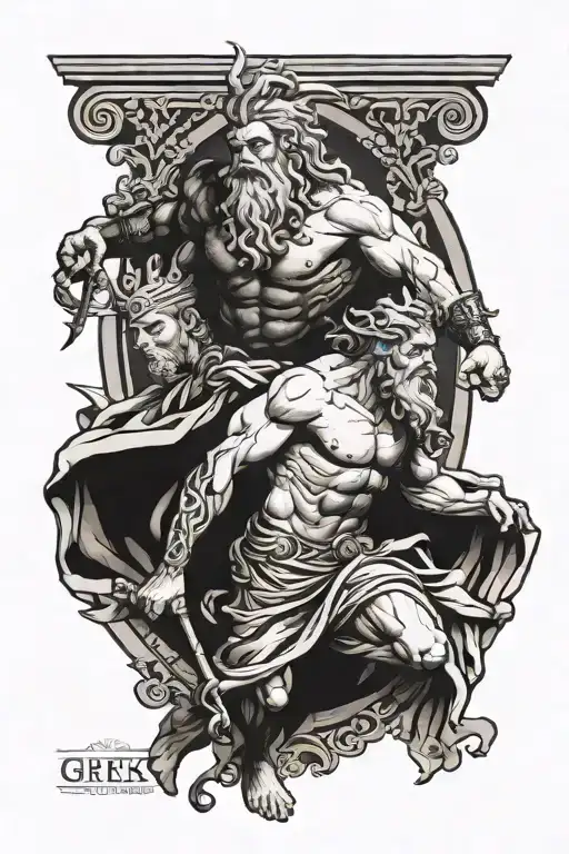 greek style 3/4 leg sleeve design featuring portaits of zeus and hades  tattoo design idea